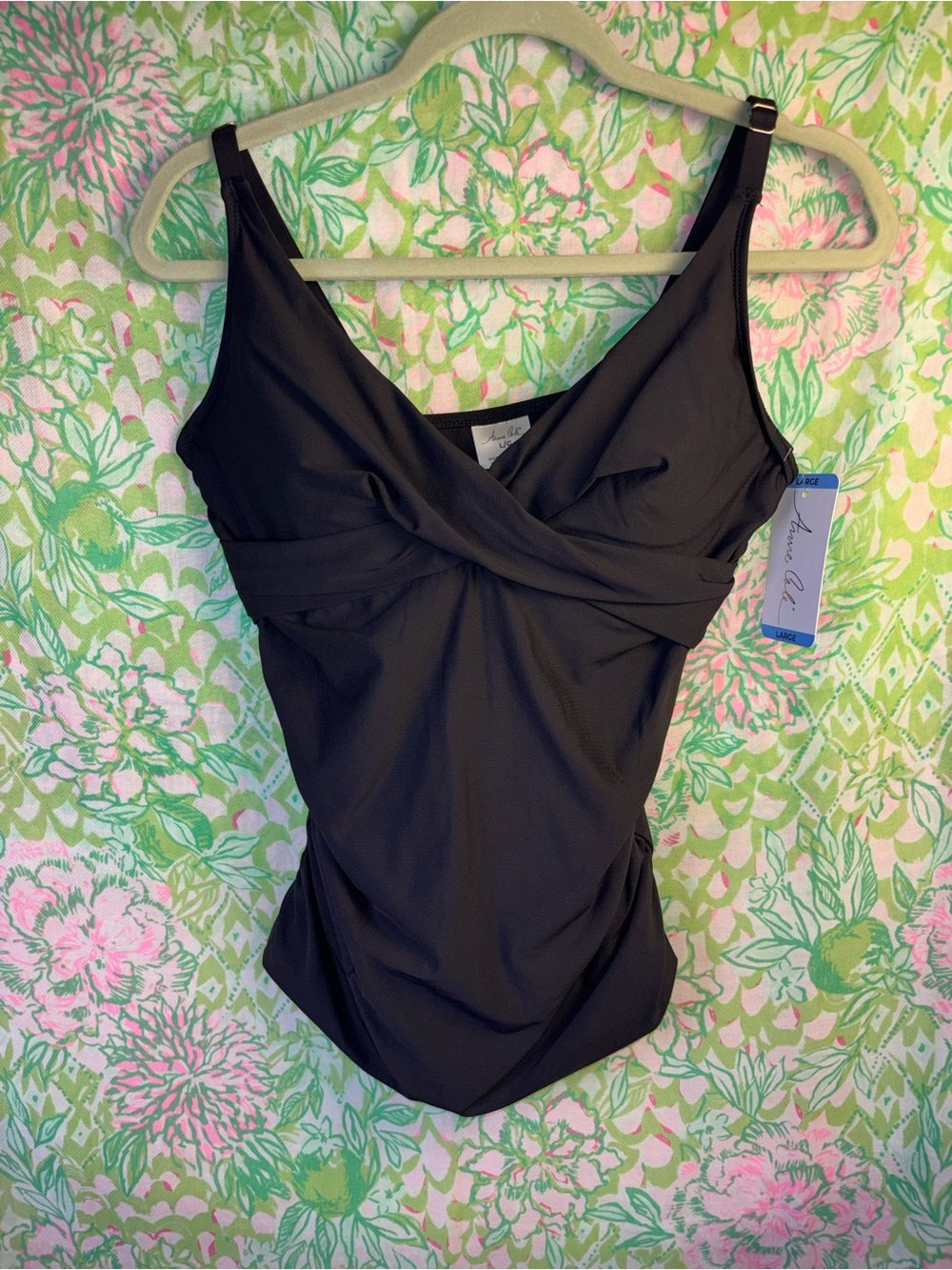 Anne Cole Black Twist-Front One-Piece Swimsuit with Adjustable Straps NWT LARGE